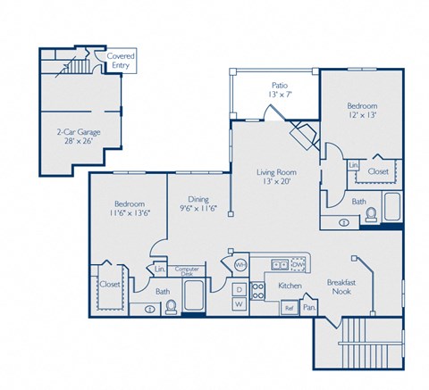 A blueprint of a house with labeled rooms and dimensions.